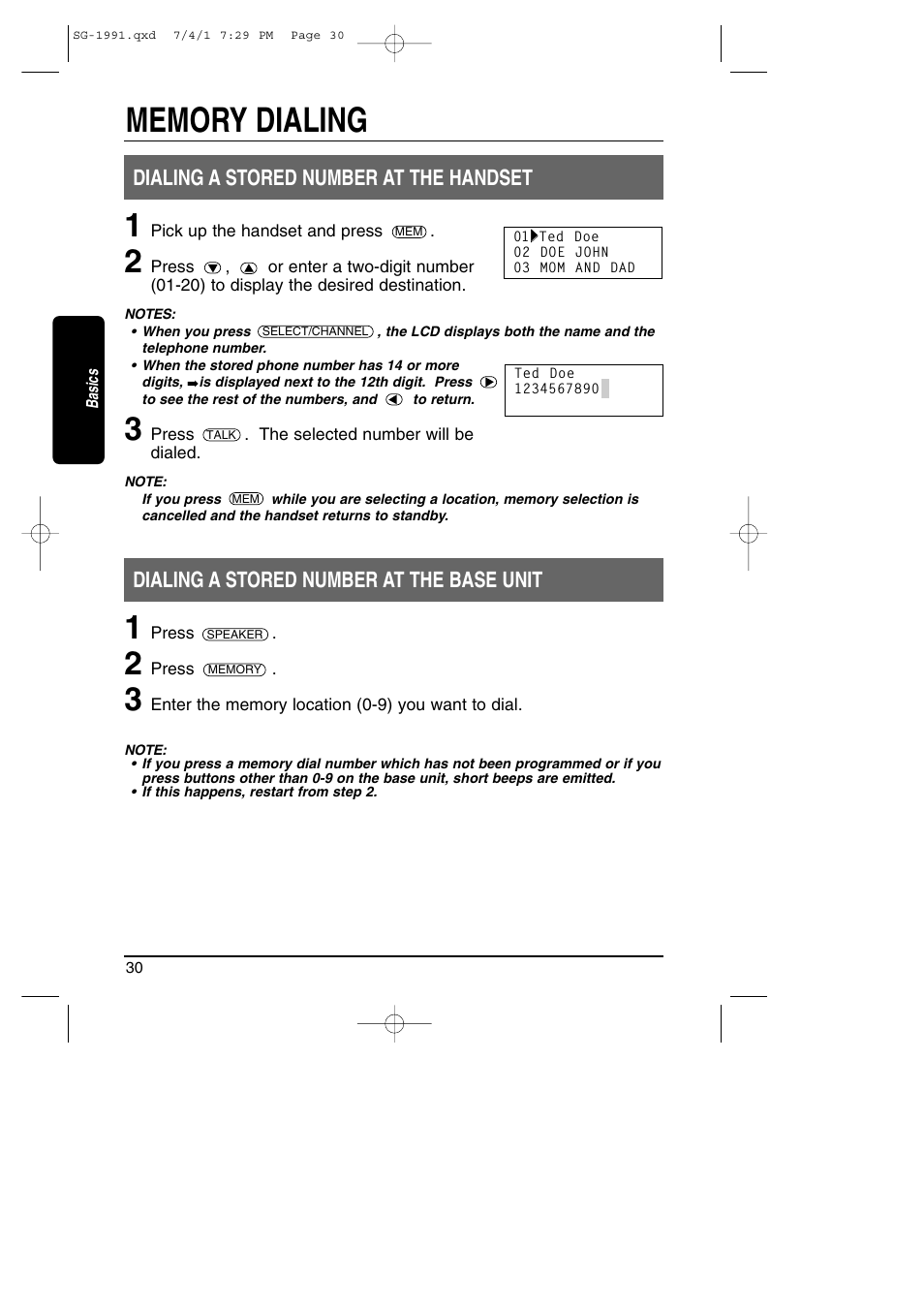 Dialing a stored number at handset / base unit, Dialing a stored number at the handset, Dialing a stored number at the base unit | Toshiba SG-1991 User Manual | Page 30 / 59