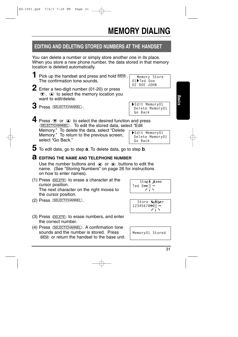 Editing & deleting stored numbers at the handset, Editing and deleting stored numbers at the handset | Toshiba SG-1991 User Manual | Page 31 / 59