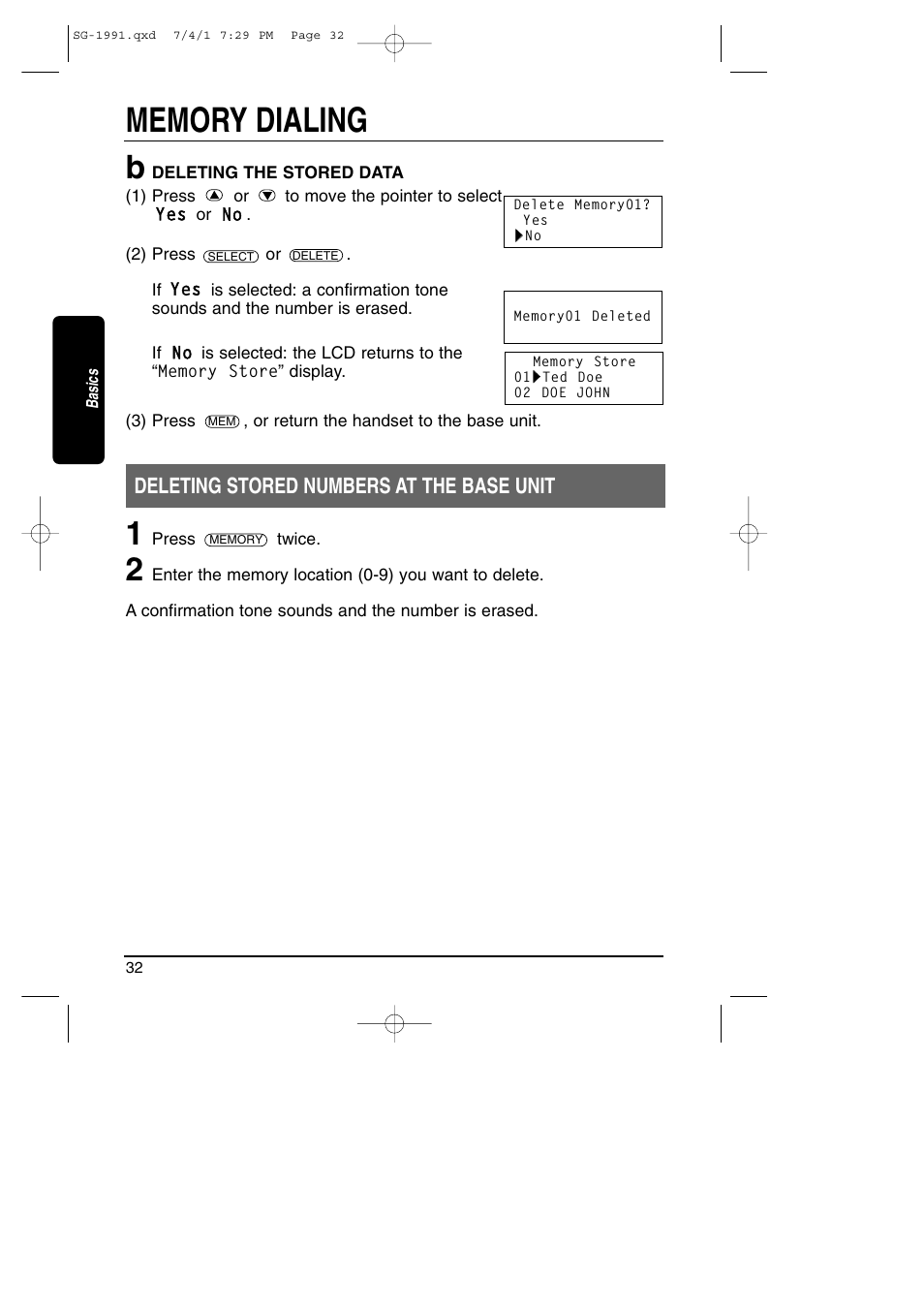 Deleting stored numbers at the base unit | Toshiba SG-1991 User Manual | Page 32 / 59