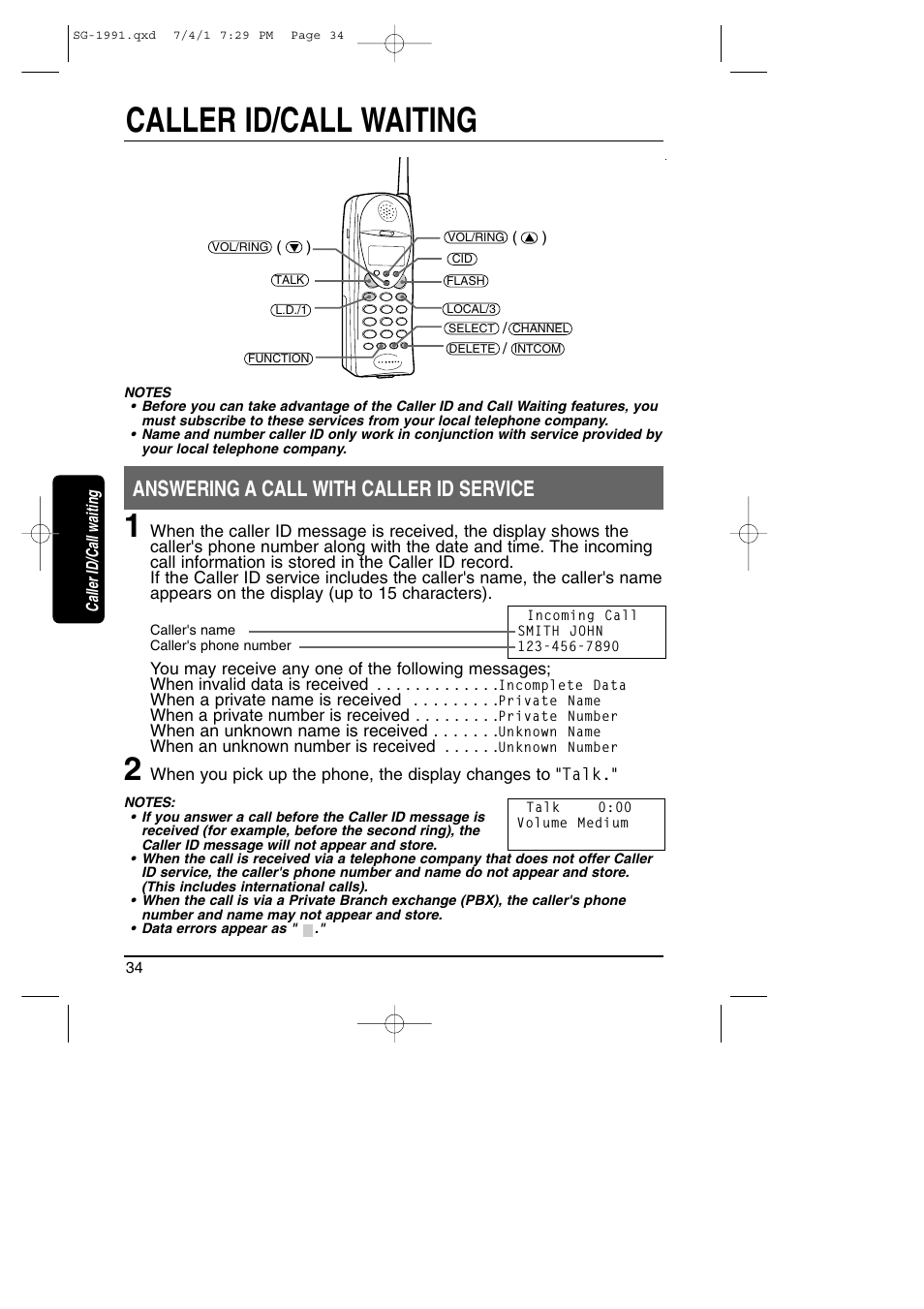 Caller id/call waiting, Caller id with caller id service, Answering a call with caller id service | Toshiba SG-1991 User Manual | Page 33 / 59