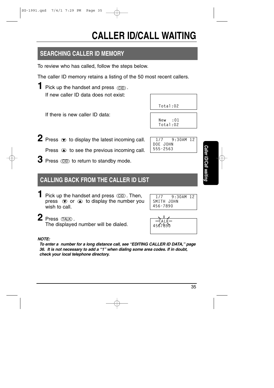 Caller id/call waiting, Calling back from the caller id list | Toshiba SG-1991 User Manual | Page 34 / 59