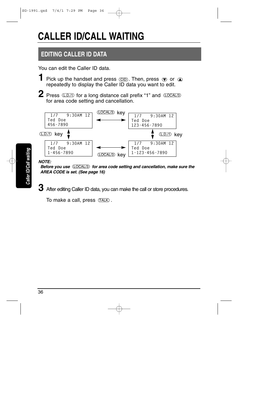 Editing caller id data, Caller id/call waiting | Toshiba SG-1991 User Manual | Page 35 / 59