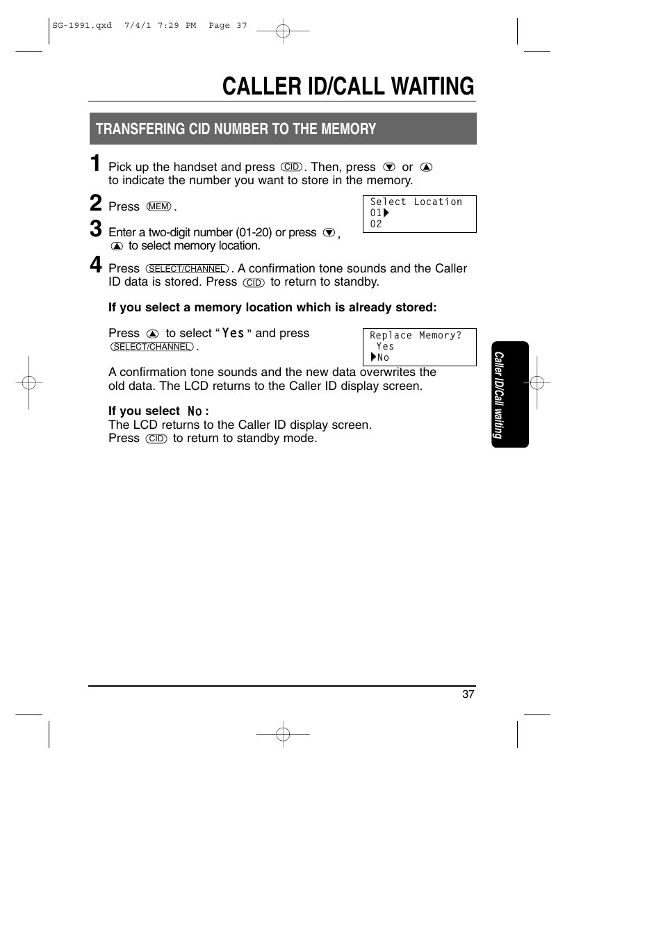 Transfering cid number to the memory, Caller id/call waiting | Toshiba SG-1991 User Manual | Page 36 / 59