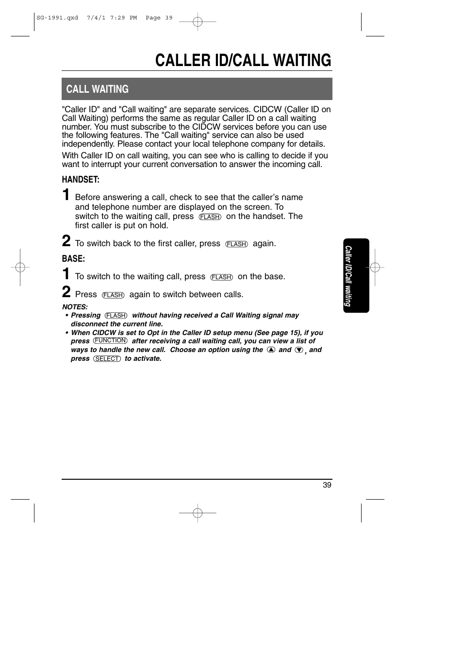 Call waiting, Caller id/call waiting | Toshiba SG-1991 User Manual | Page 38 / 59