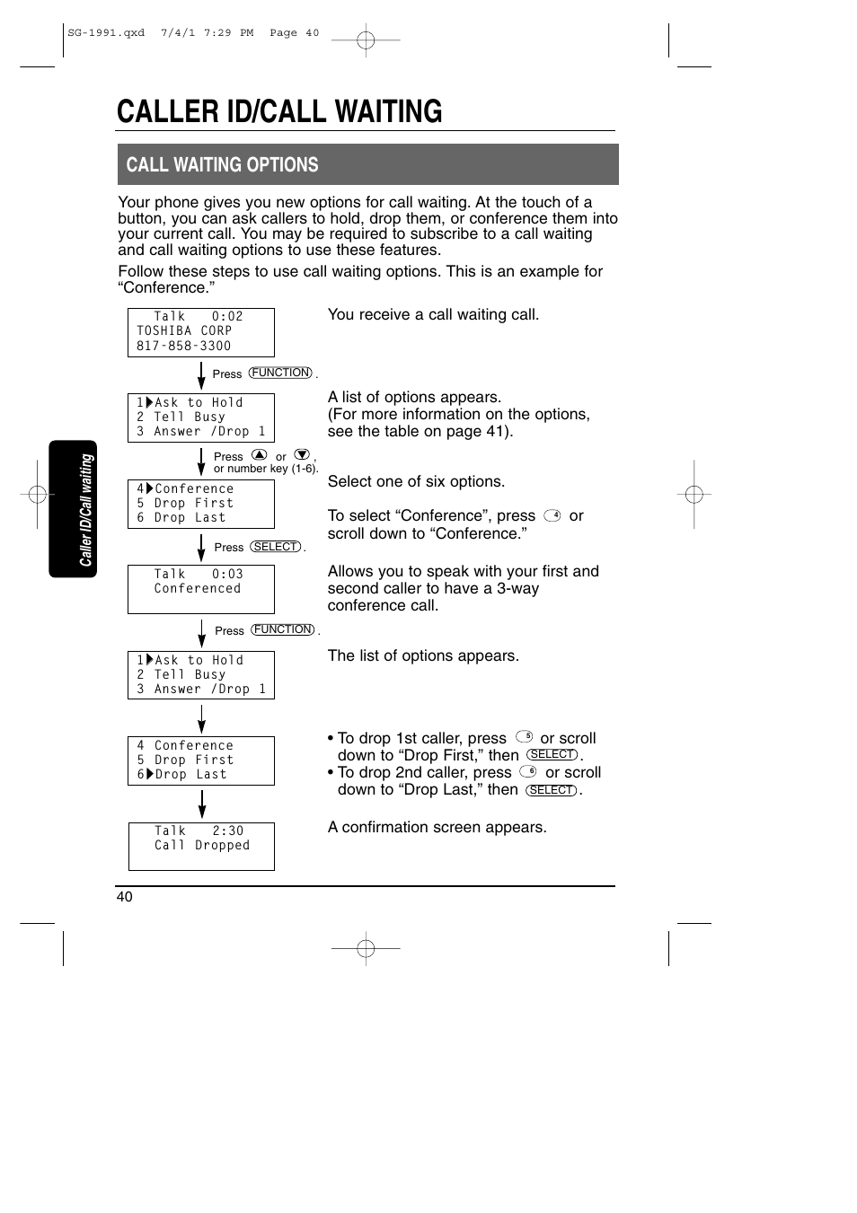 Caller id/call waiting, Call waiting options | Toshiba SG-1991 User Manual | Page 39 / 59
