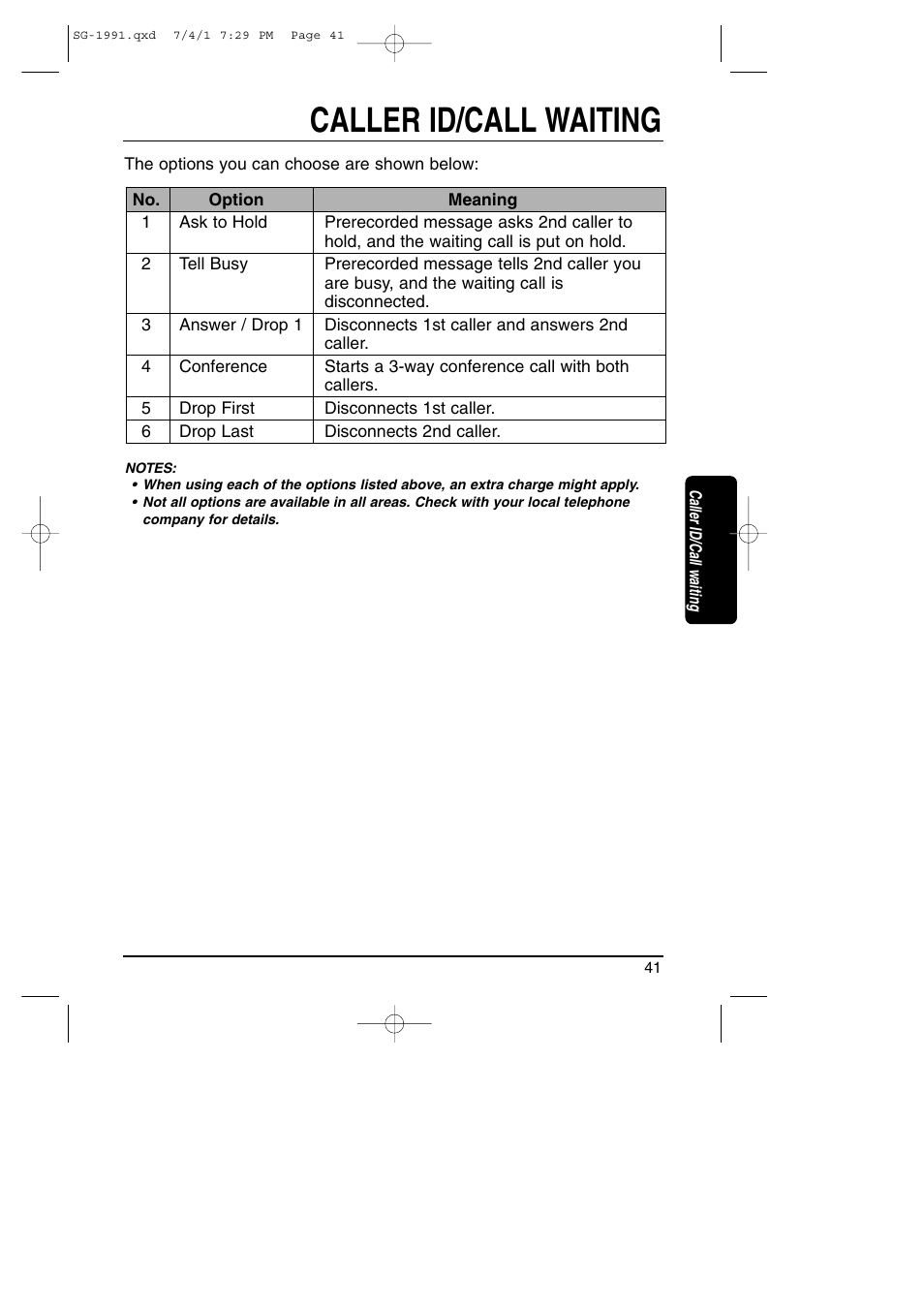 Caller id/call waiting | Toshiba SG-1991 User Manual | Page 40 / 59