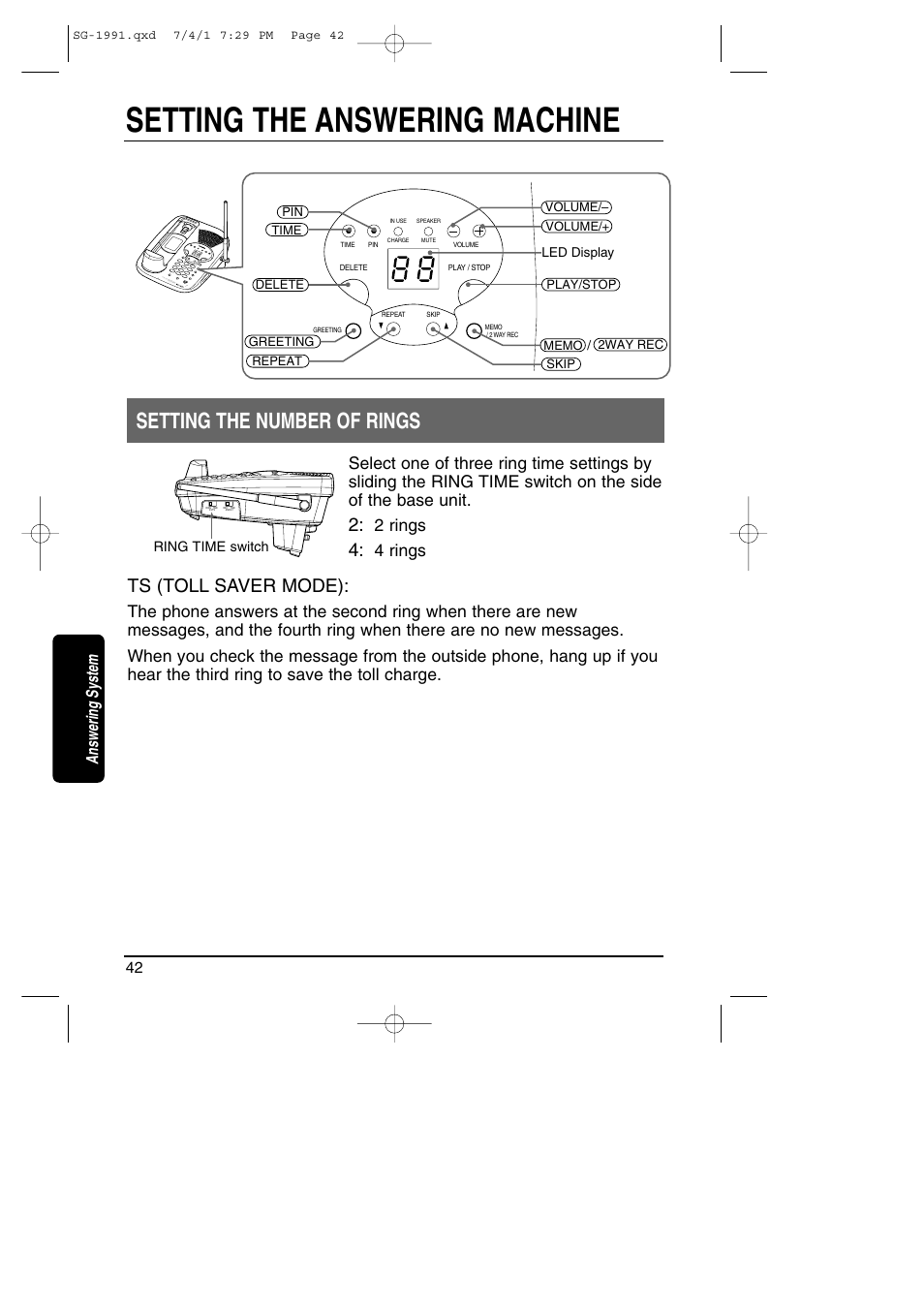 Answering system, Setting the answering machine, Setting number of rings | Setting the number of rings, Ts (toll saver mode), 2 rings, 4 rings | Toshiba SG-1991 User Manual | Page 41 / 59