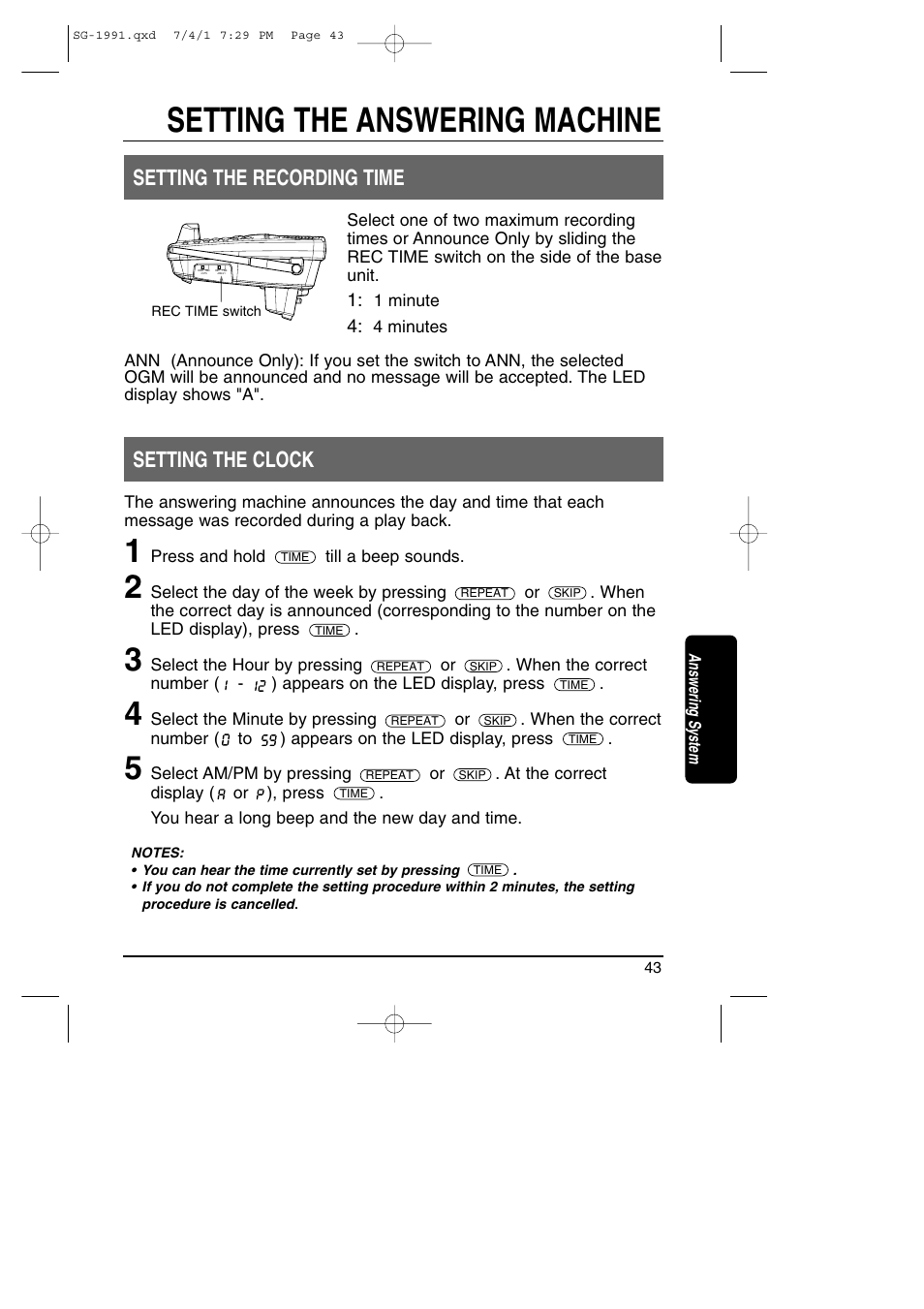 Setting the recording time and clock, Setting the answering machine, Setting the recording time | Setting the clock | Toshiba SG-1991 User Manual | Page 42 / 59