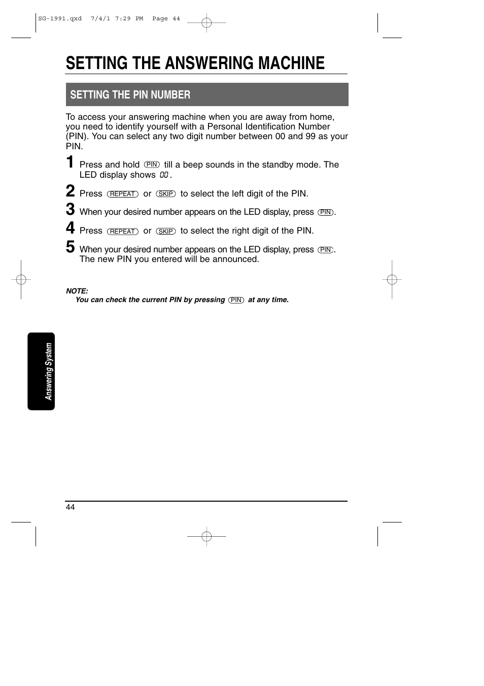 Setting the pin number, Setting the answering machine | Toshiba SG-1991 User Manual | Page 43 / 59