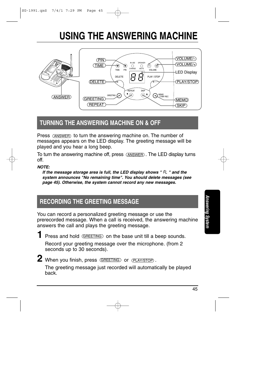 Using the answering machine, Turning the answering machine on & off, Recording the greeting message | Toshiba SG-1991 User Manual | Page 44 / 59