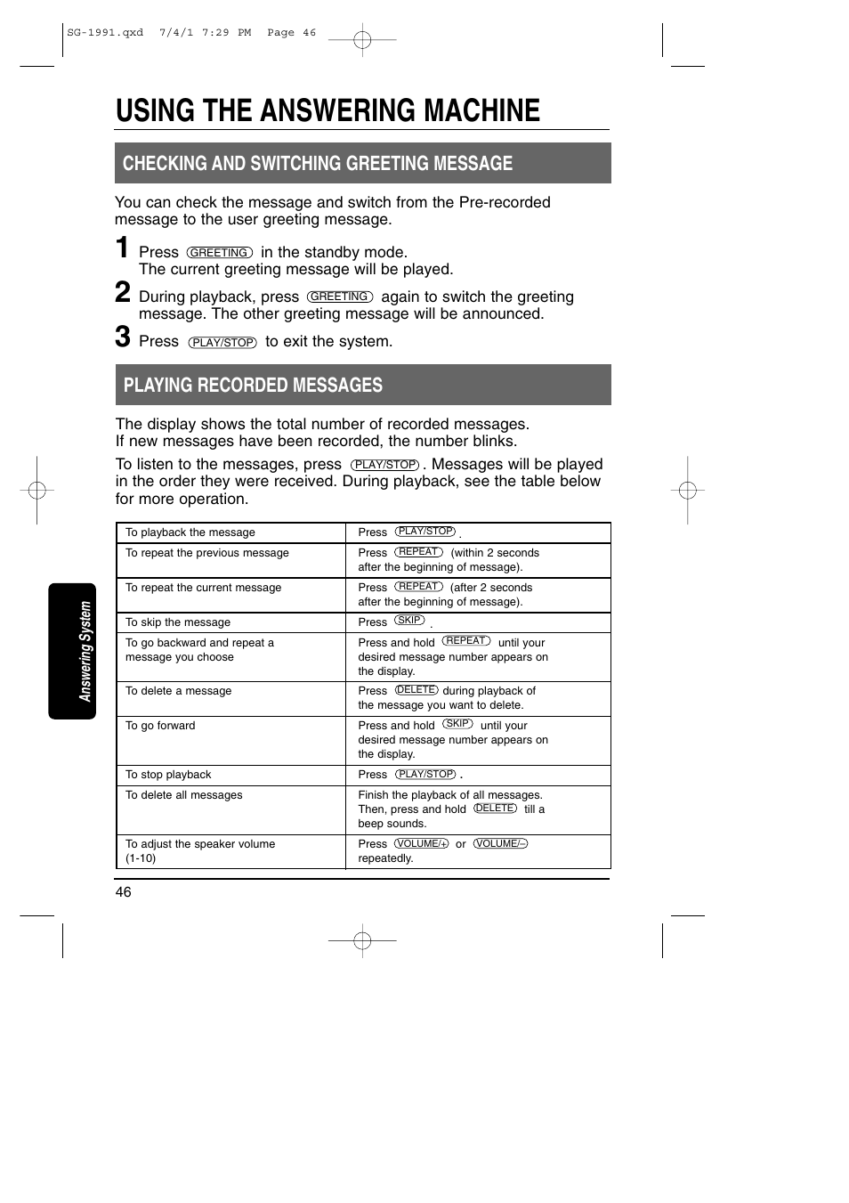 Playing recorded messages, Using the answering machine, Checking and switching greeting message | Toshiba SG-1991 User Manual | Page 45 / 59