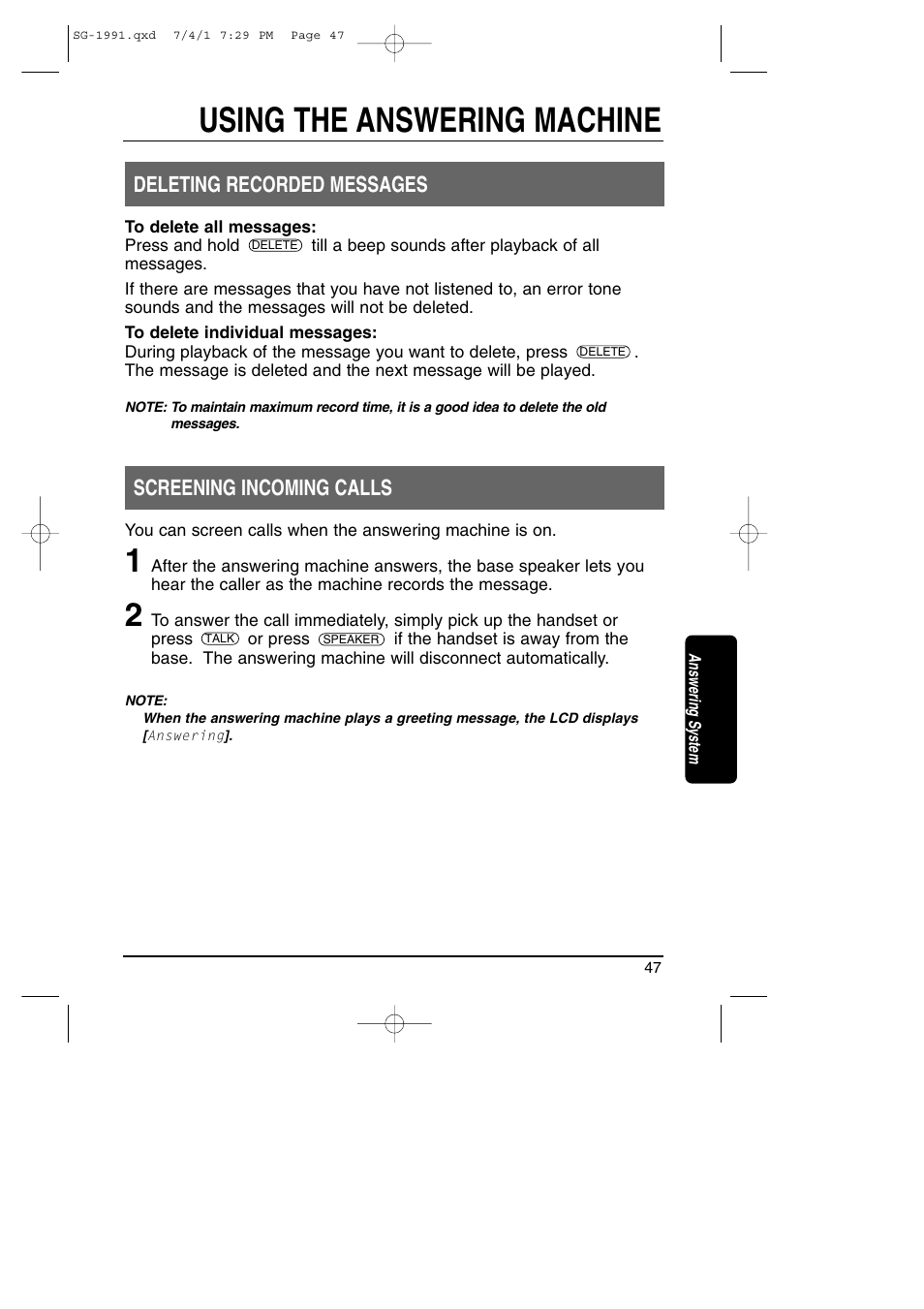 Using the answering machine, Deleting recorded messages, Screening incoming calls | Toshiba SG-1991 User Manual | Page 46 / 59