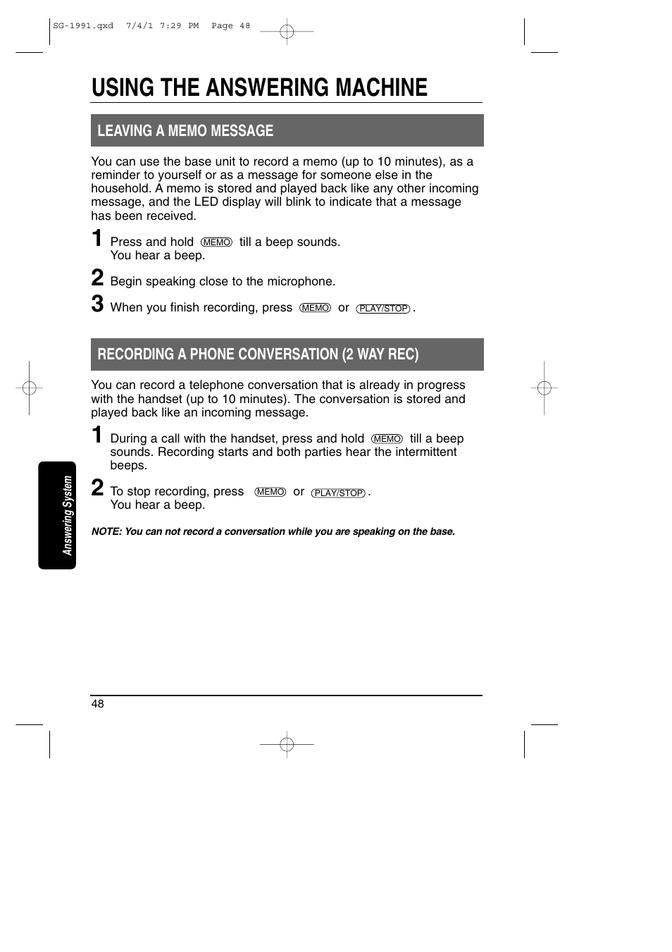 Using the answering machine | Toshiba SG-1991 User Manual | Page 47 / 59