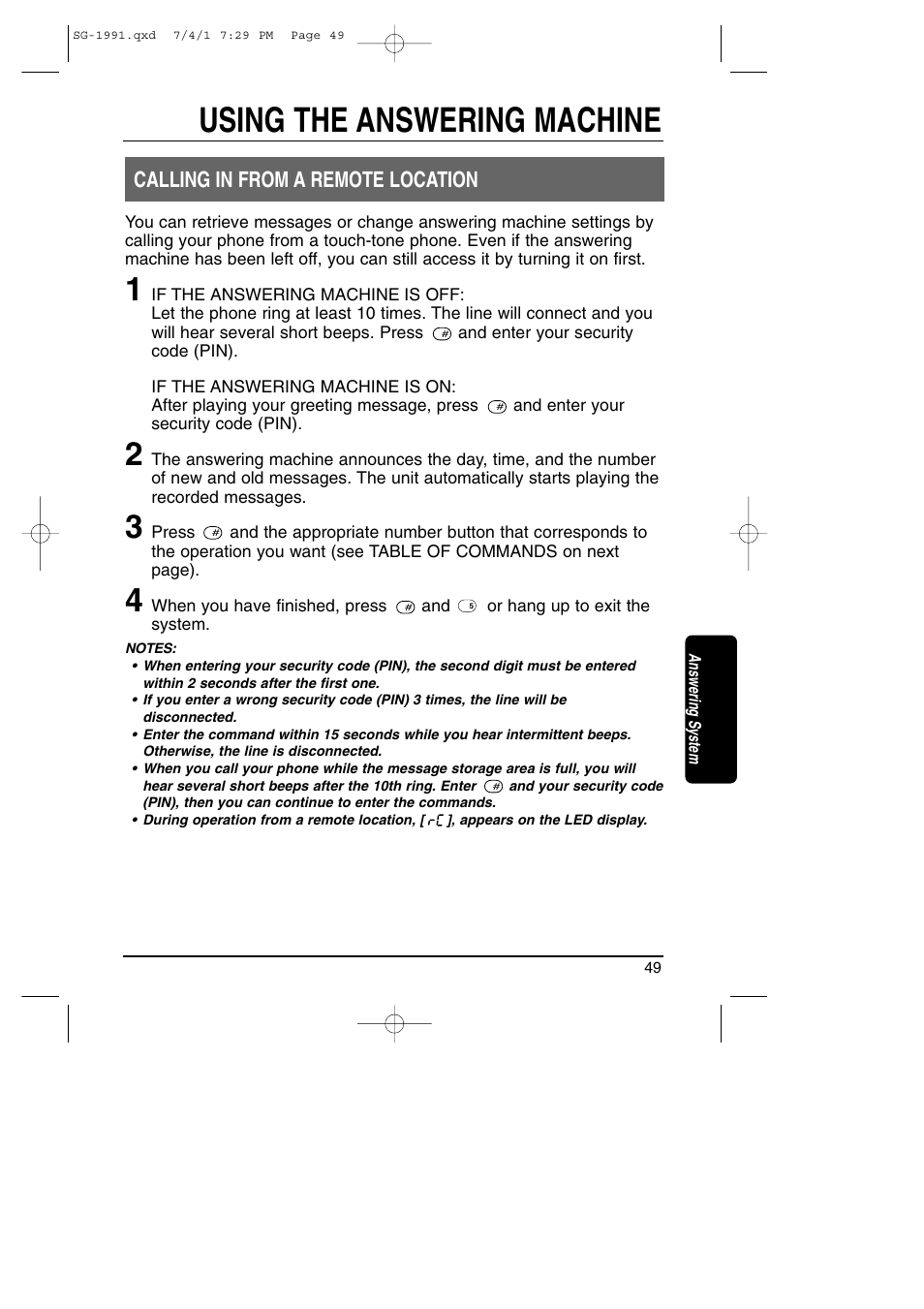 Calling in from a remote location, Using the answering machine | Toshiba SG-1991 User Manual | Page 48 / 59