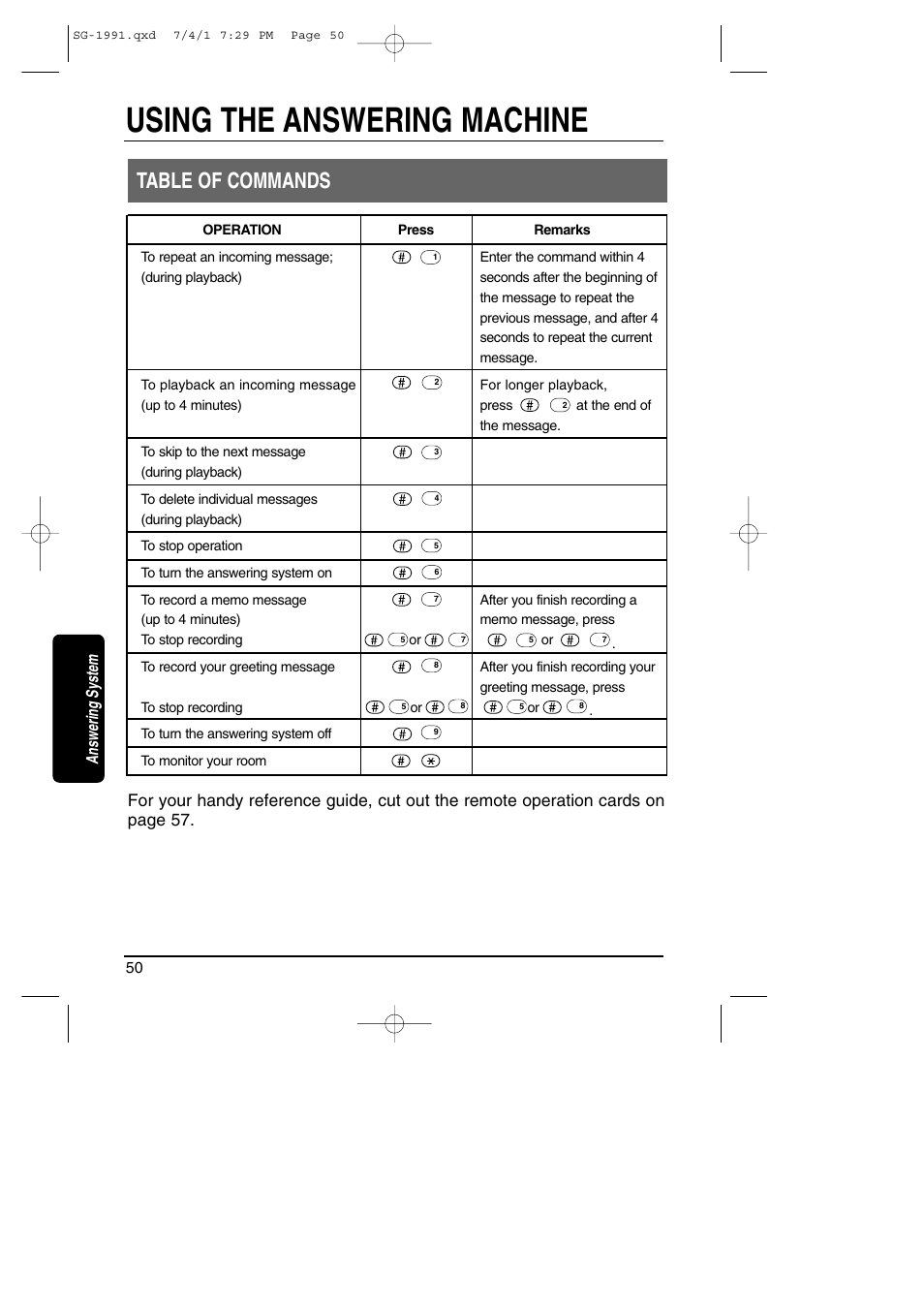 Table of commands, Using the answering machine, Answering system | Toshiba SG-1991 User Manual | Page 49 / 59