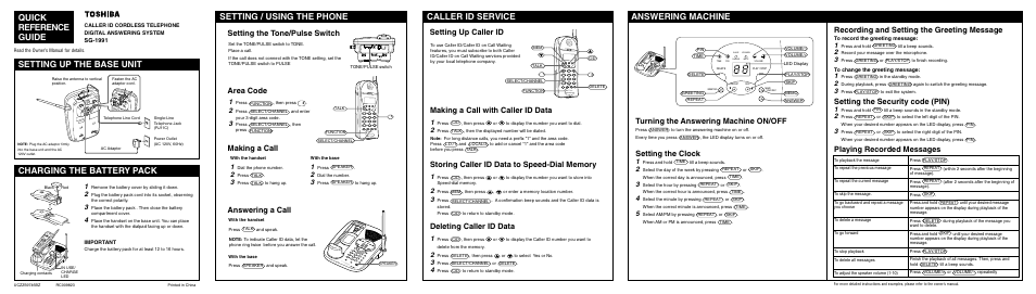 Quick reference guide, Setting up the base unit charging the battery pack, Setting / using the phone | Caller id service, Answering machine, Turning the answering machine on/off, Setting the clock, Recording and setting the greeting message, Setting the security code (pin), Playing recorded messages | Toshiba SG-1991 User Manual | Page 53 / 59