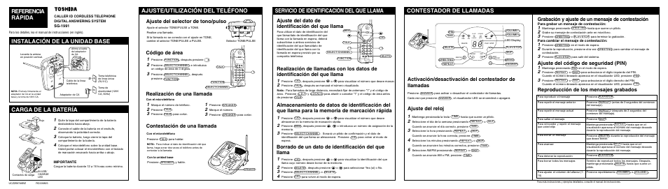 Referencia rápida, Grabación y ajuste de un mensaje de contestación, Ajuste del código de seguridad (pin) | Reproducción de los mensajes grabados, Ajuste del selector de tono/pulso, Ajuste del dato de identificación del que llama, Ajuste del reloj, Sg-1991 | Toshiba SG-1991 User Manual | Page 54 / 59