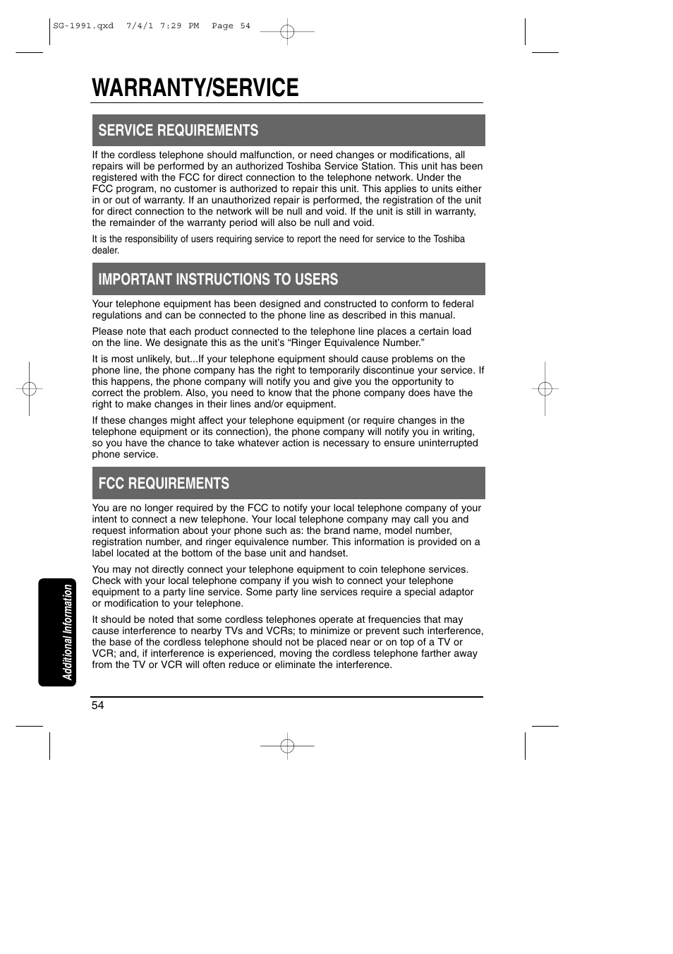 Warranty / service, Warranty/service, Service requirements | Important instructions to users, Fcc requirements | Toshiba SG-1991 User Manual | Page 55 / 59