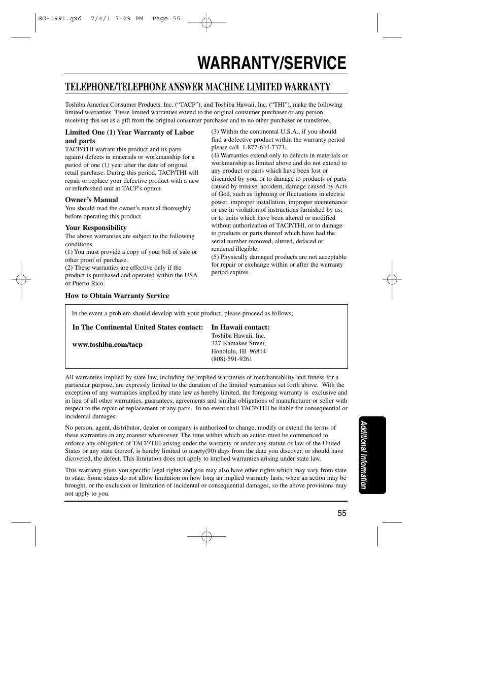 Warranty/service | Toshiba SG-1991 User Manual | Page 56 / 59