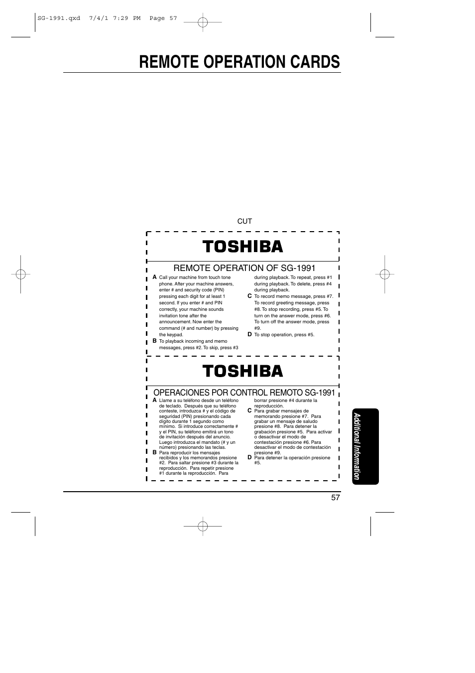 Remote operation cards, Additional information | Toshiba SG-1991 User Manual | Page 57 / 59