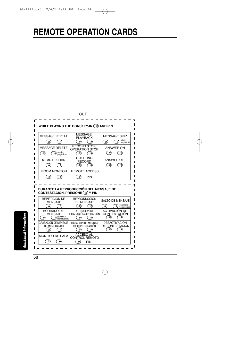 Remote operation cards, Additional information | Toshiba SG-1991 User Manual | Page 58 / 59