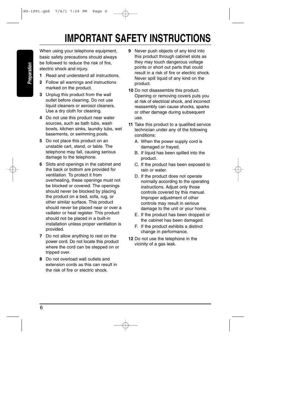 Safety instructions, Important safety instructions | Toshiba SG-1991 User Manual | Page 6 / 59
