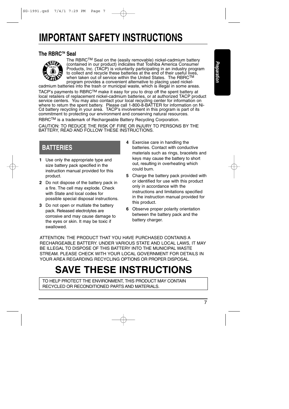 Important safety instructions, Save these instructions, Batteries | The rbrc, Seal | Toshiba SG-1991 User Manual | Page 7 / 59