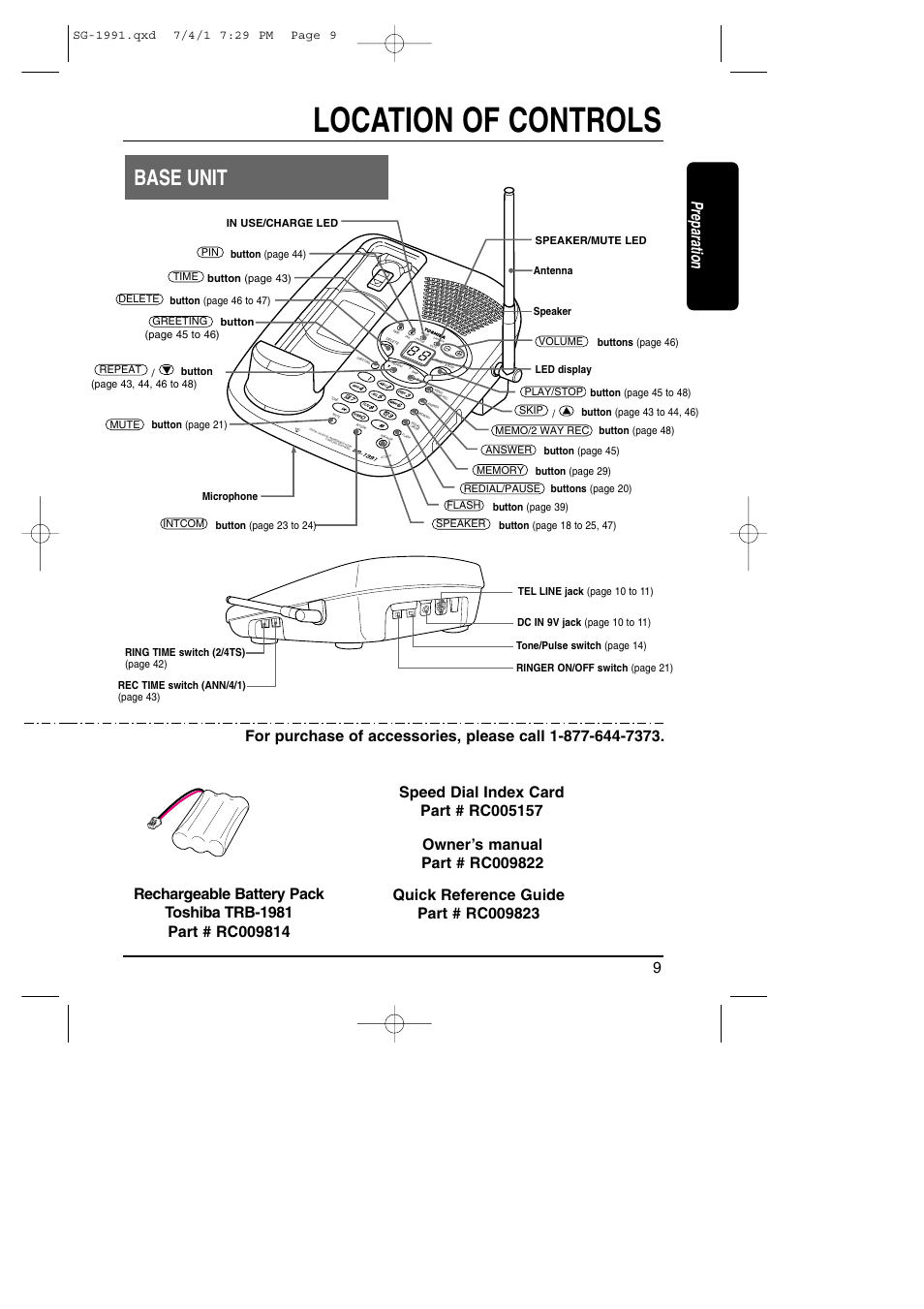 Location of controls, Base unit, Preparation | Button (page 46 to 47), Speaker button (page 45 to 46), Button (page 43), Button (page 45 to 48), Microphone button (page 48), Antenna button (page 44), Led display | Toshiba SG-1991 User Manual | Page 9 / 59