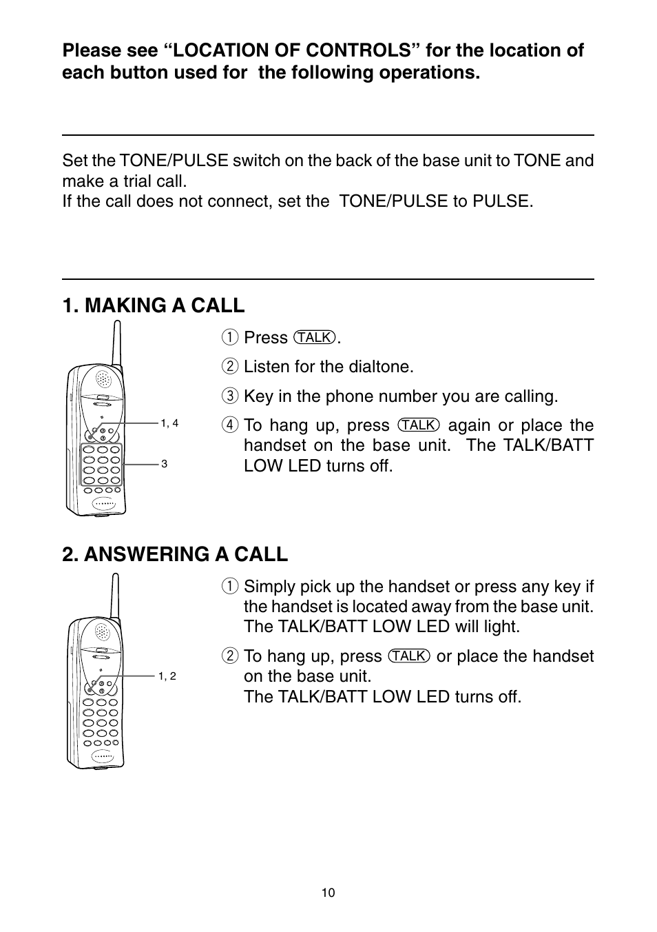 Tone/pulse setting, Making a call, Answering a call | Toshiba SG-1700 User Manual | Page 11 / 20