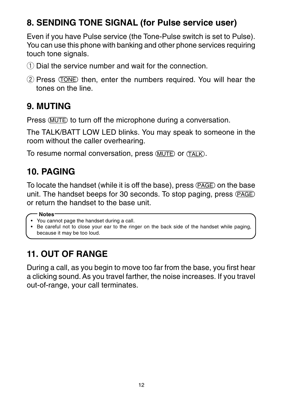 Sending tone signal (for pulse service user), Muting, Paging | Out of range | Toshiba SG-1700 User Manual | Page 13 / 20