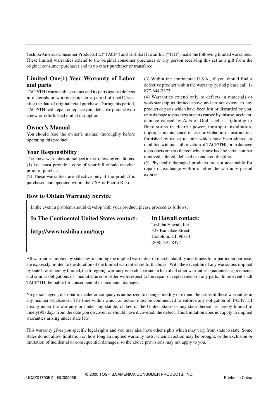 Warranty service, Warranty/service | Toshiba SG-1700 User Manual | Page 20 / 20