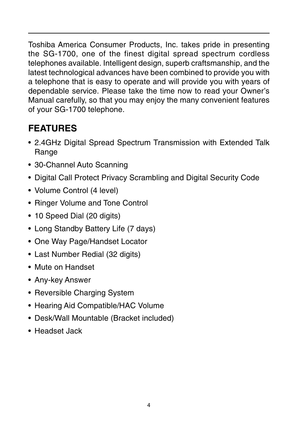 Introduction - features, Introduction, Features | Toshiba SG-1700 User Manual | Page 5 / 20