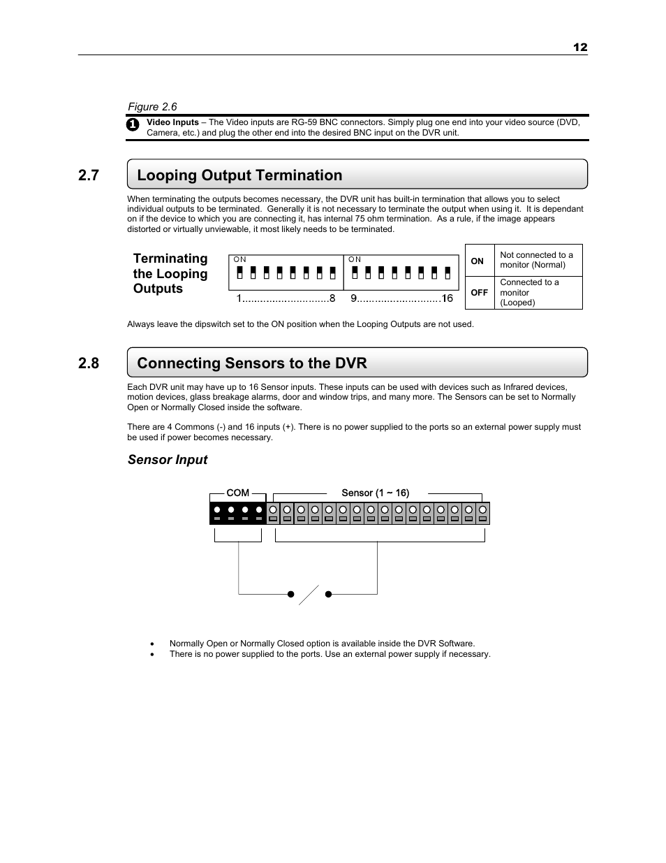 7 looping output termination, 8 connecting sensors to the dvr | Toshiba KV-PC 8GHO44-88 User Manual | Page 25 / 124