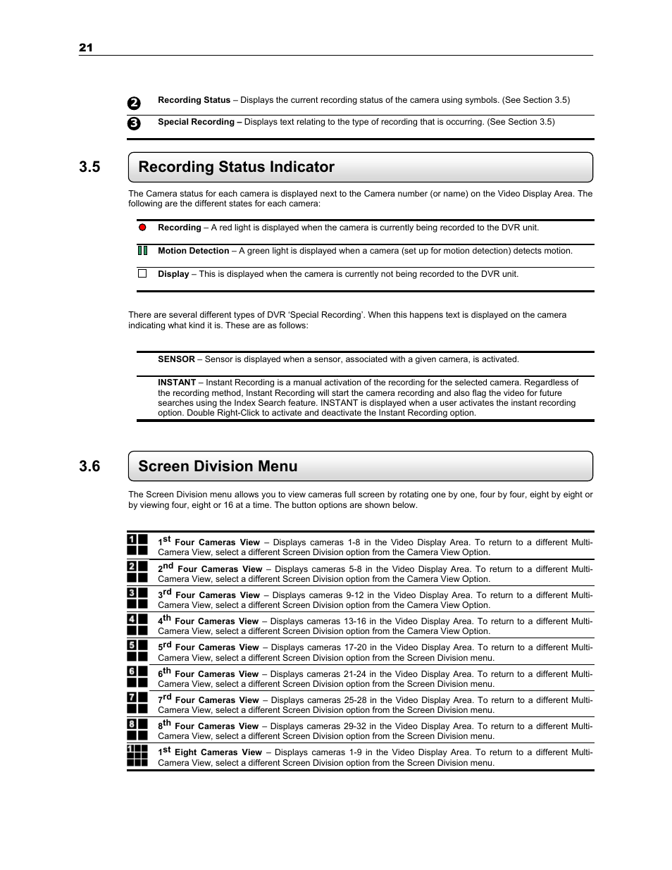 5 recording status indicator, 6 screen division menu | Toshiba KV-PC 8GHO44-88 User Manual | Page 34 / 124