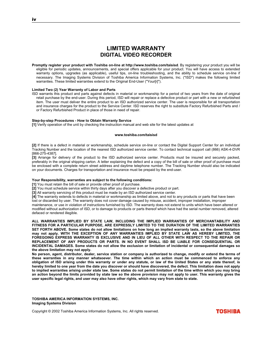 Limited warranty, Digital video recorder | Toshiba KV-PC 8GHO44-88 User Manual | Page 4 / 124