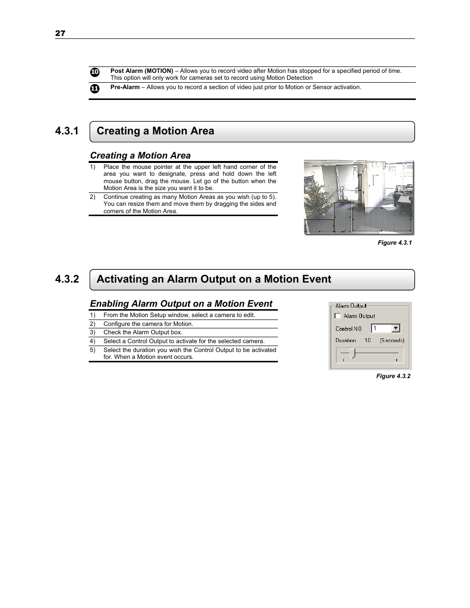 1 creating a motion area, 2 activating an alarm output on a motion event, Creating a motion area | Enabling alarm output on a motion event | Toshiba KV-PC 8GHO44-88 User Manual | Page 40 / 124