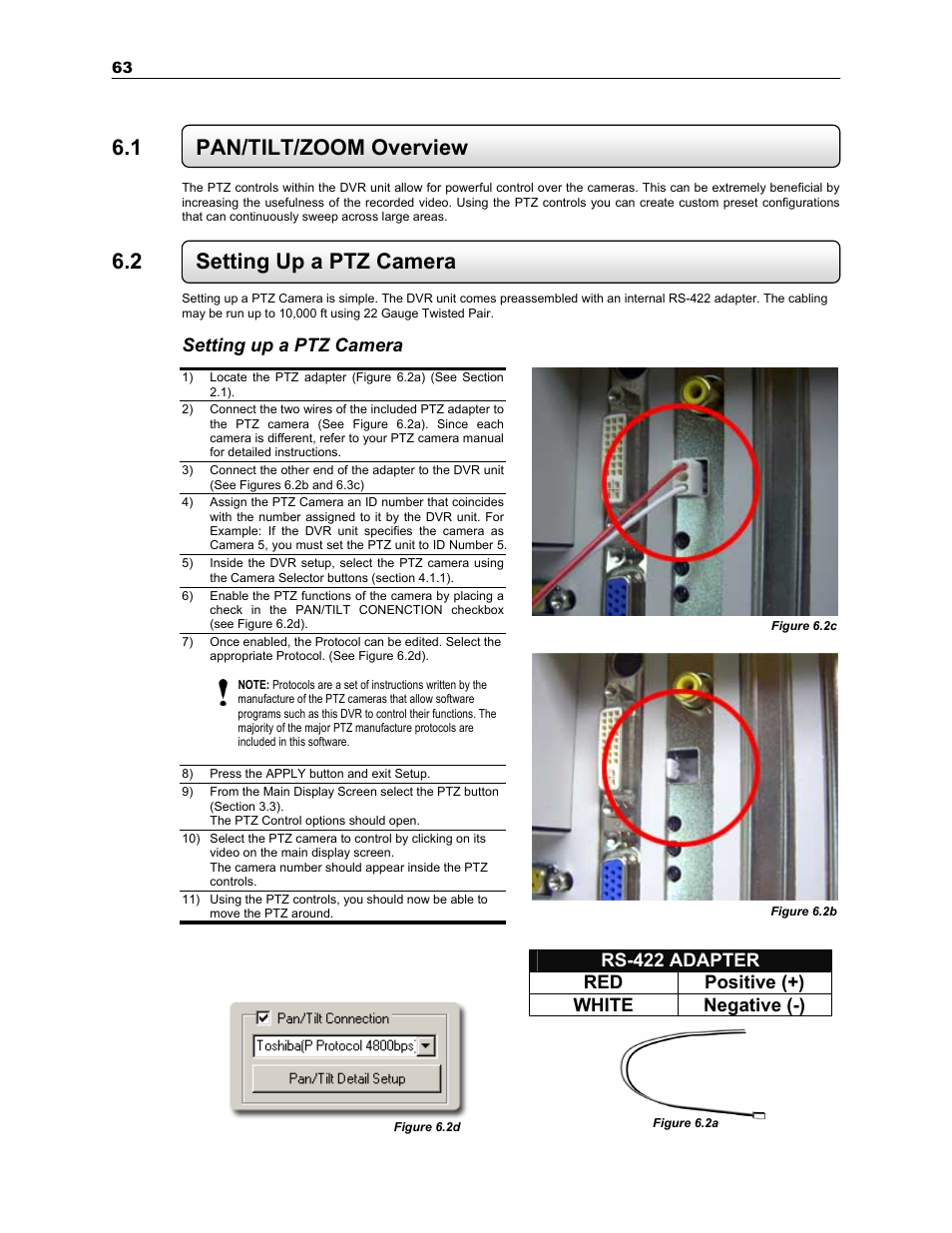 1 pan/tilt/zoom overview, 2 setting up a ptz camera, Setting up a ptz camera | Rs-422 adapter red positive (+) white negative (-) | Toshiba KV-PC 8GHO44-88 User Manual | Page 76 / 124