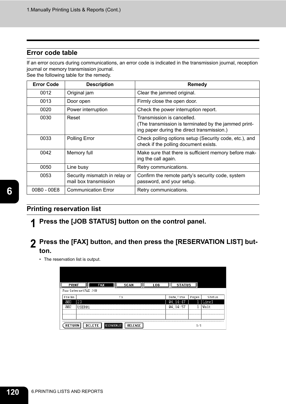 Error code table, Printing reservation list, Press the [job status] button on the control panel | Toshiba GD-1200 User Manual | Page 122 / 186