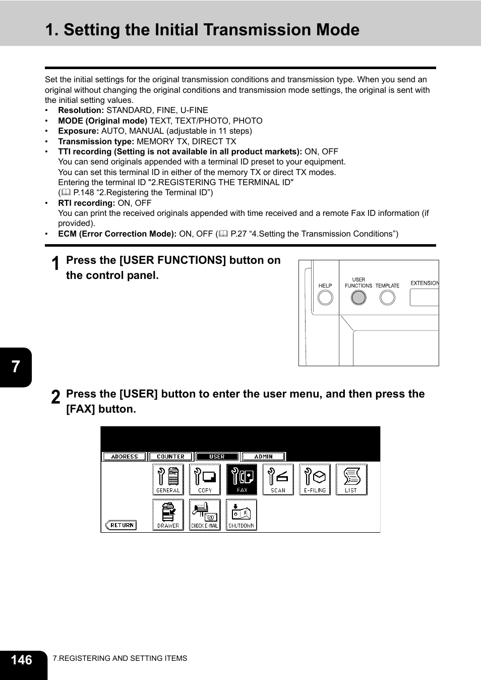 Setting the initial transmission mode, P.146 “1.setting the initial transmission mode”) | Toshiba GD-1200 User Manual | Page 148 / 186