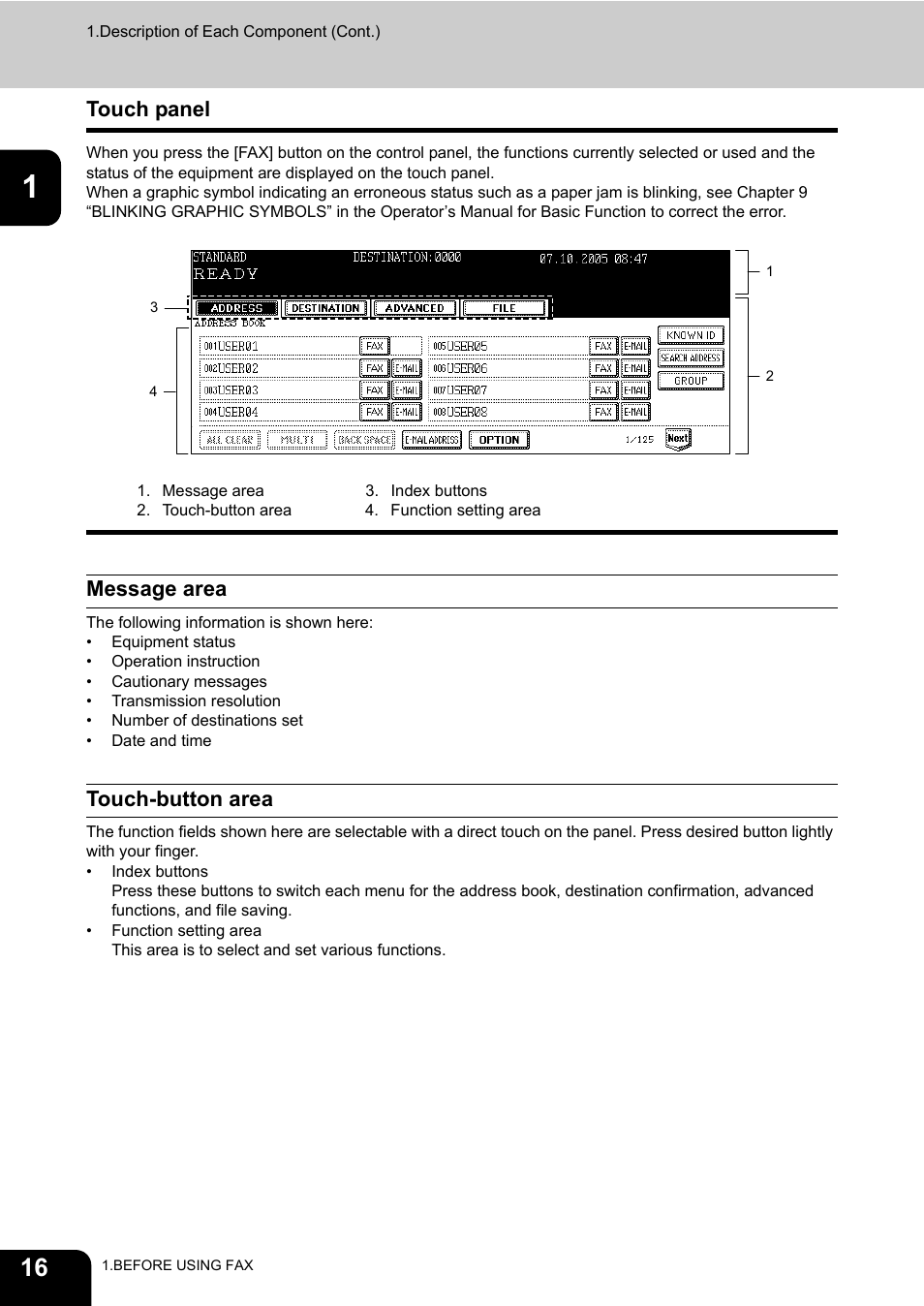 Touch panel, Message area, Touch-button area | Toshiba GD-1200 User Manual | Page 18 / 186