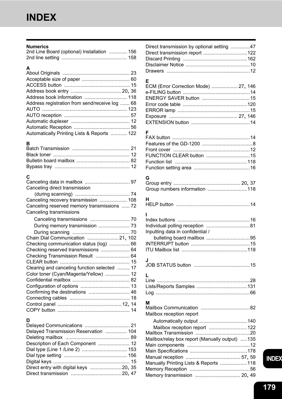 Index | Toshiba GD-1200 User Manual | Page 181 / 186