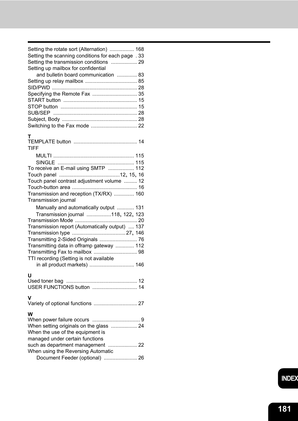 Index | Toshiba GD-1200 User Manual | Page 183 / 186