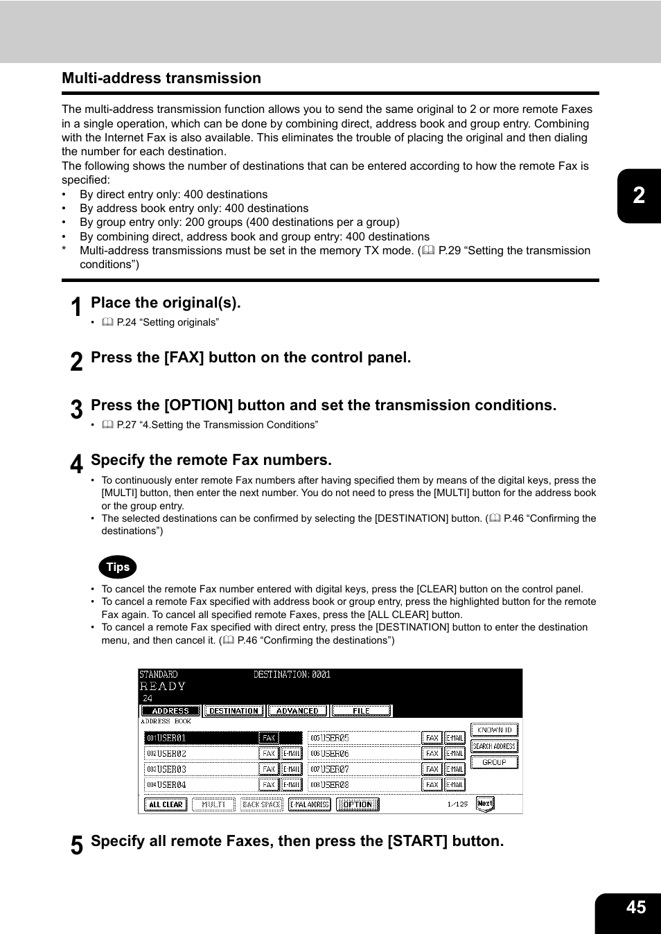 Multi-address transmission, P.45 “multi-address transmission”) | Toshiba GD-1200 User Manual | Page 47 / 186