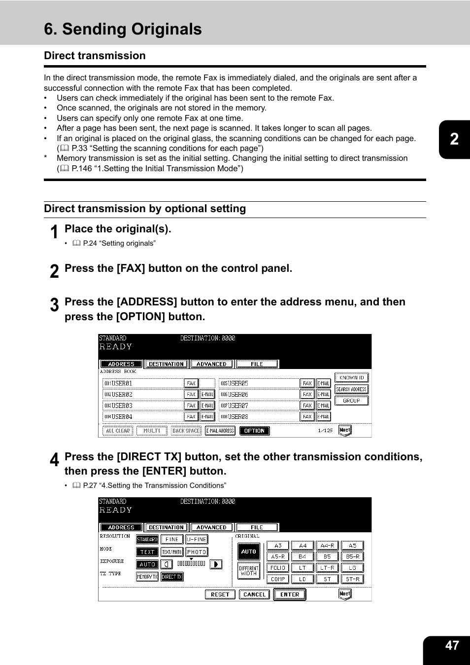 Sending originals, Direct transmission | Toshiba GD-1200 User Manual | Page 49 / 186