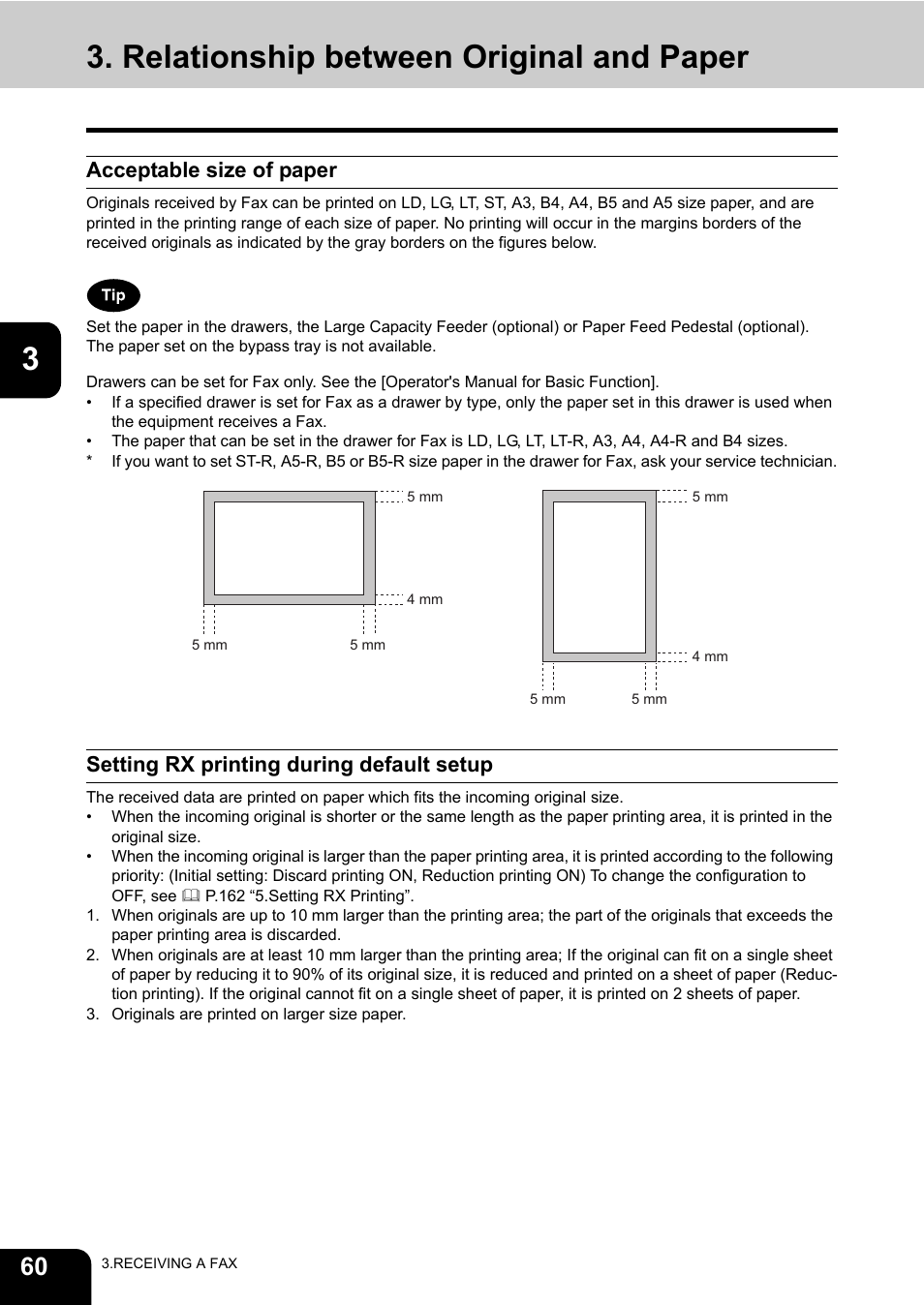 Relationship between original and paper, Acceptable size of paper, Setting rx printing during default setup | Toshiba GD-1200 User Manual | Page 62 / 186