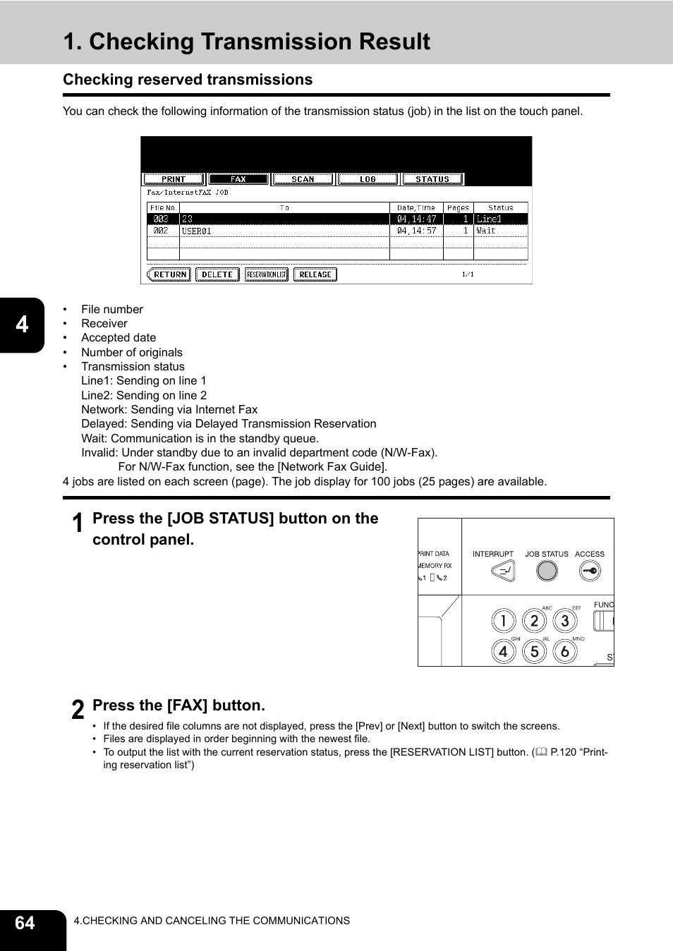 Checking transmission result, Checking reserved transmissions | Toshiba GD-1200 User Manual | Page 66 / 186