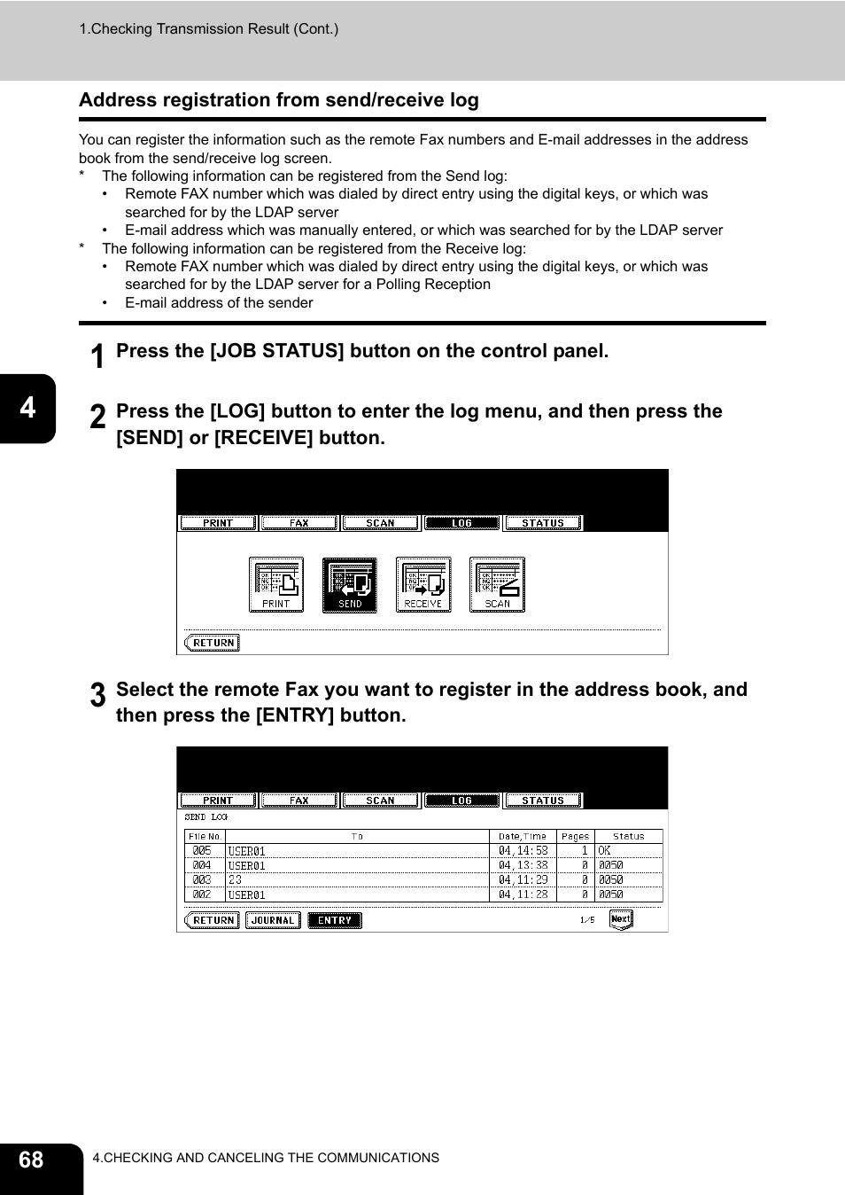 Address registration from send/receive log | Toshiba GD-1200 User Manual | Page 70 / 186