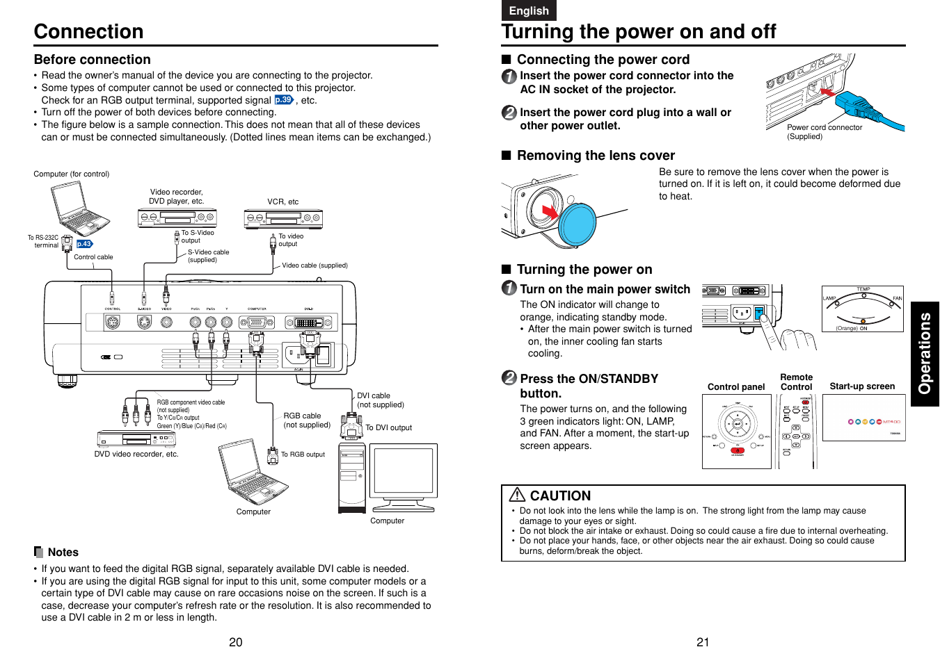 Connection, Operations, Turning the power on and off | P.21, Turning the power on, Before connection, Connecting the power cord, Caution, Removing the lens cover | Toshiba TDP-MT400 User Manual | Page 11 / 23