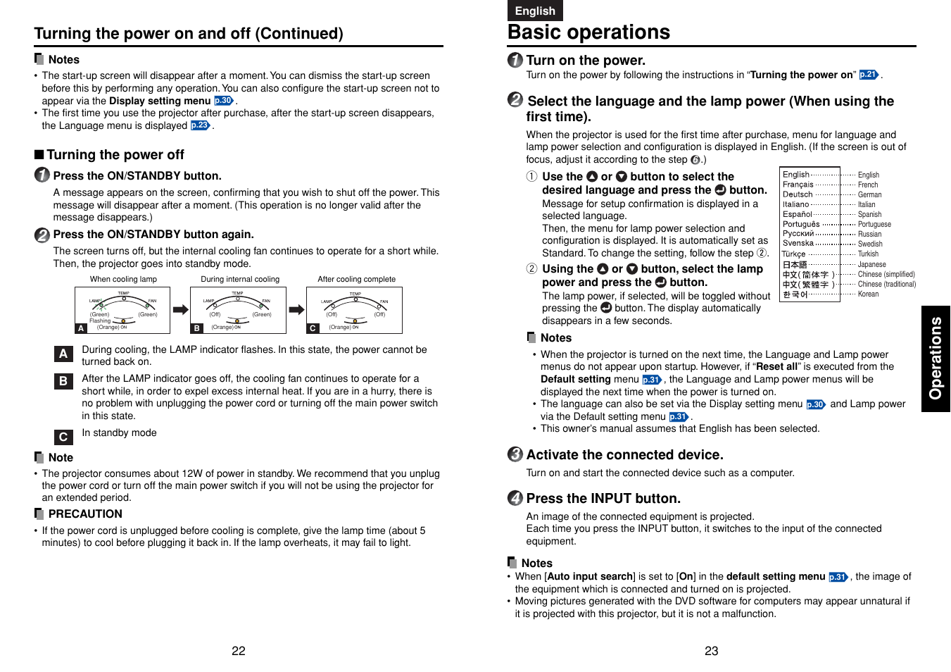 Basic operations, P.23, P.22 | Operations, Turning the power on and off (continued) | Toshiba TDP-MT400 User Manual | Page 12 / 23