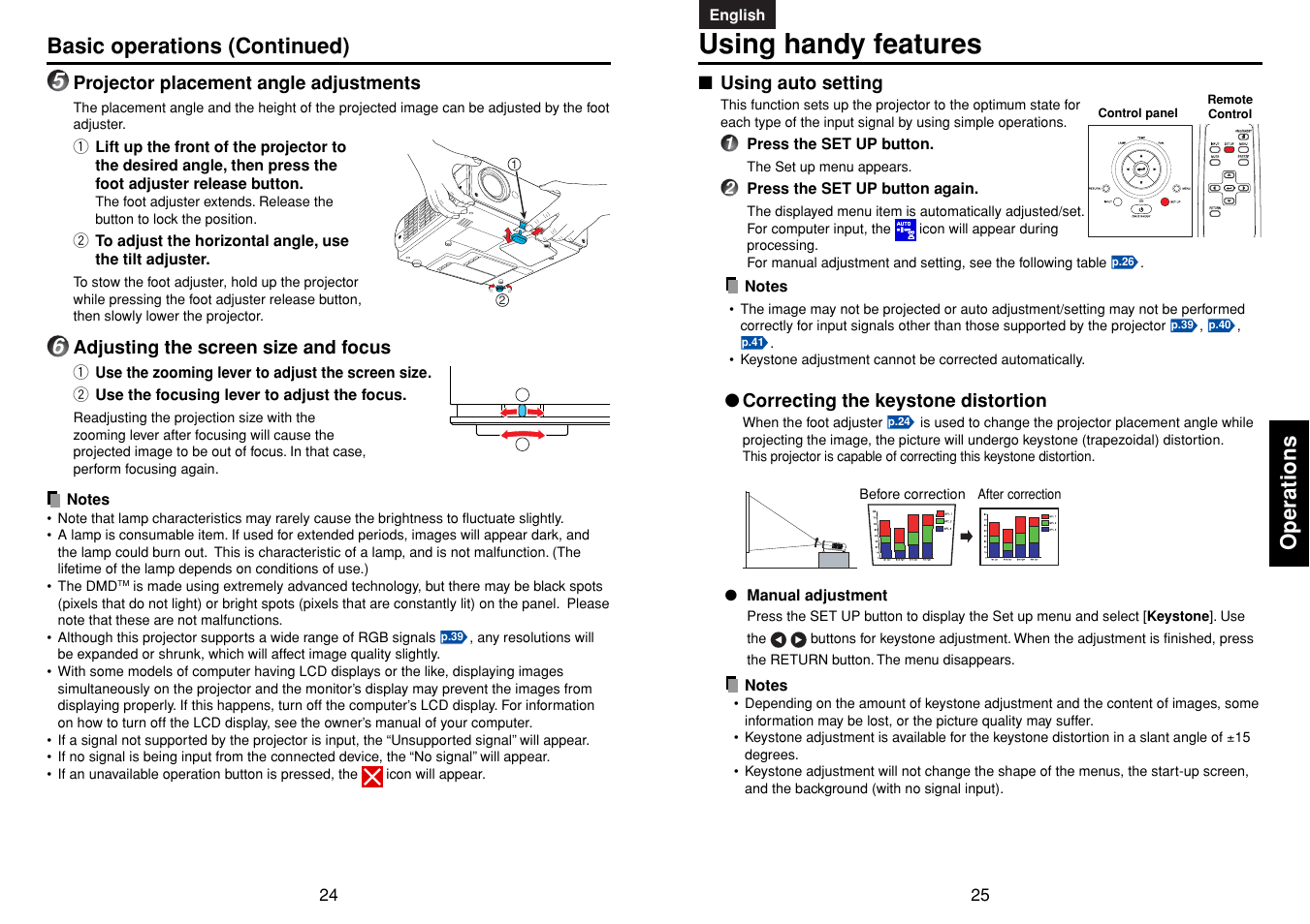 Using handy features, Using auto setting, P.24 | P.25, Operations, Basic operations (continued) | Toshiba TDP-MT400 User Manual | Page 13 / 23